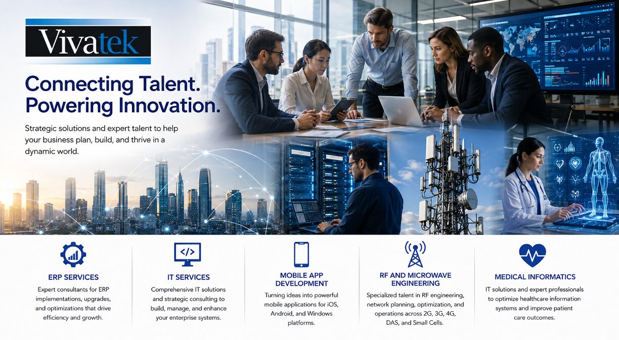 Viva Tek consultants collaborating across IT, ERP, mobile, RF, and health informatics engagements