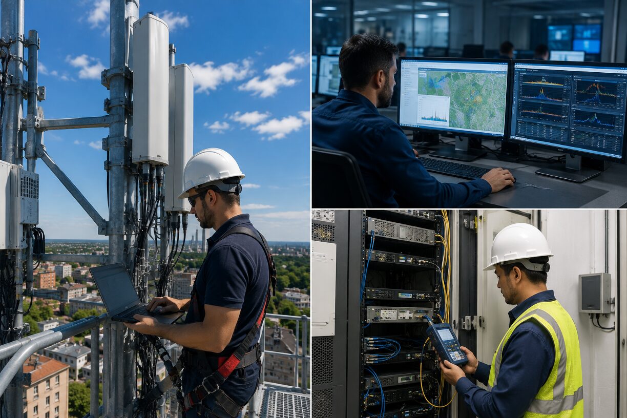 RF engineer servicing a cell tower, alongside network operations monitoring and server rack installation